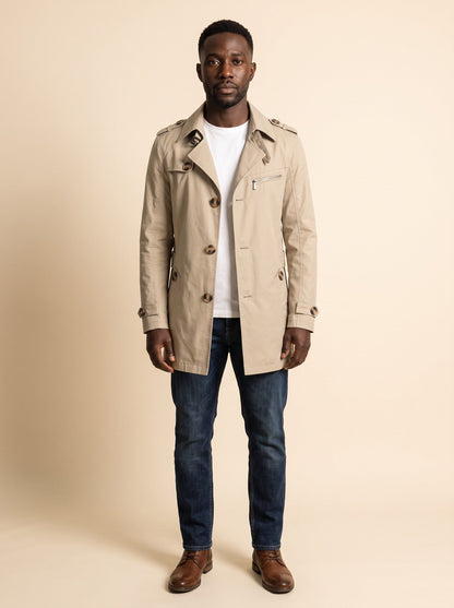 Men's Mid-Length Trench Coat – Beige – on model