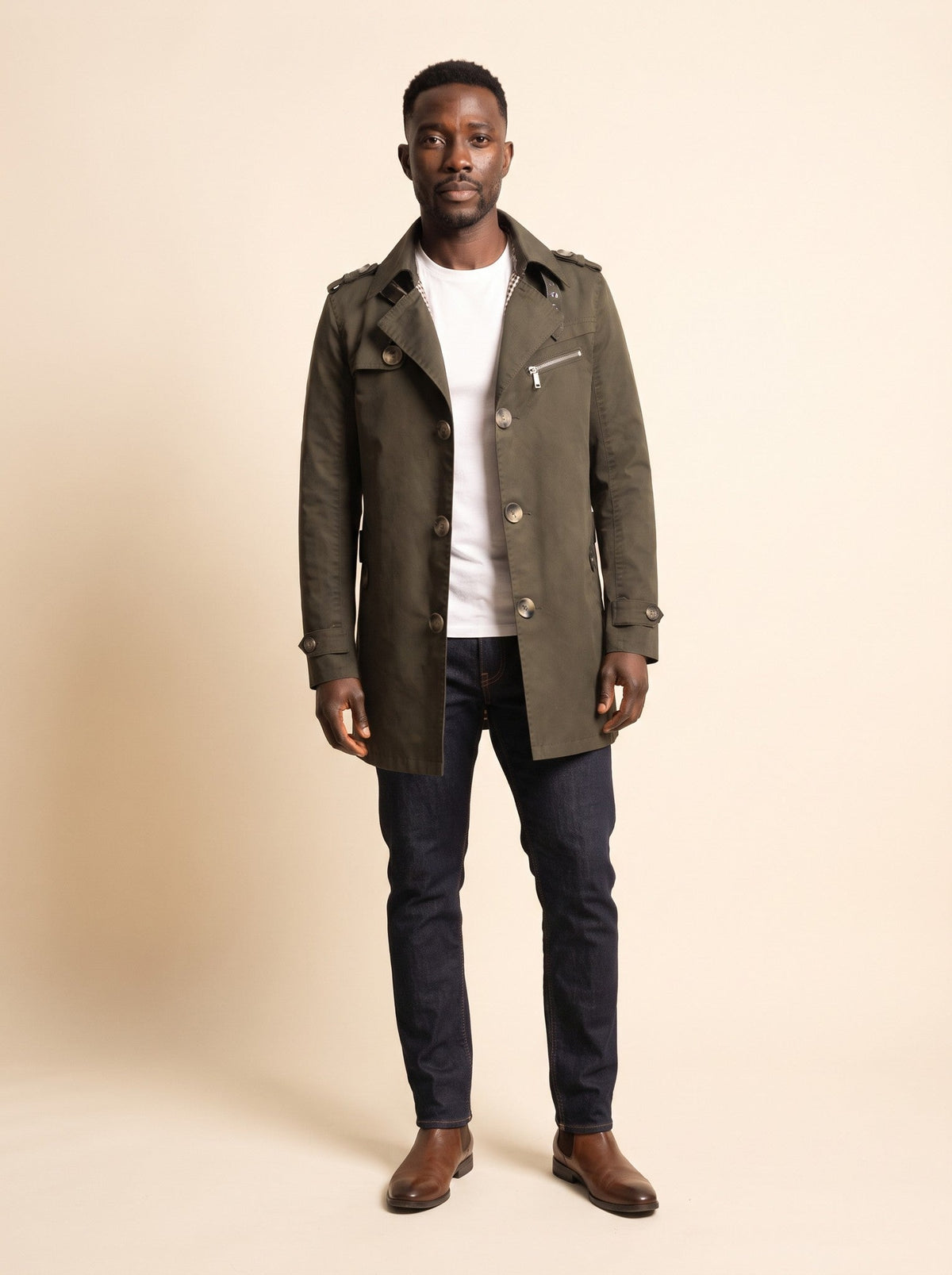 Men's Mid-Length Trench Coat – Green – on model
