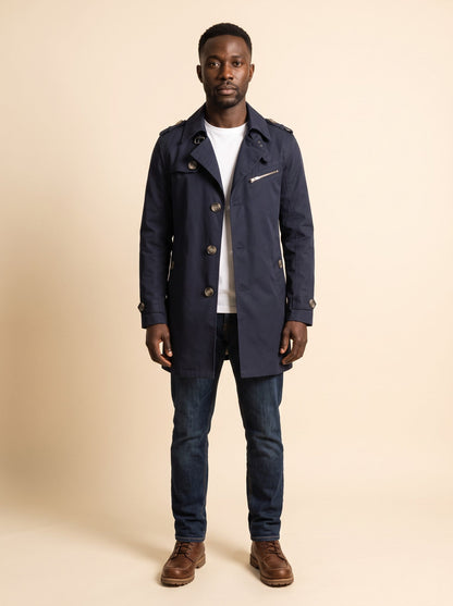 Men's Mid-Length Trench Coat – Navy – on model