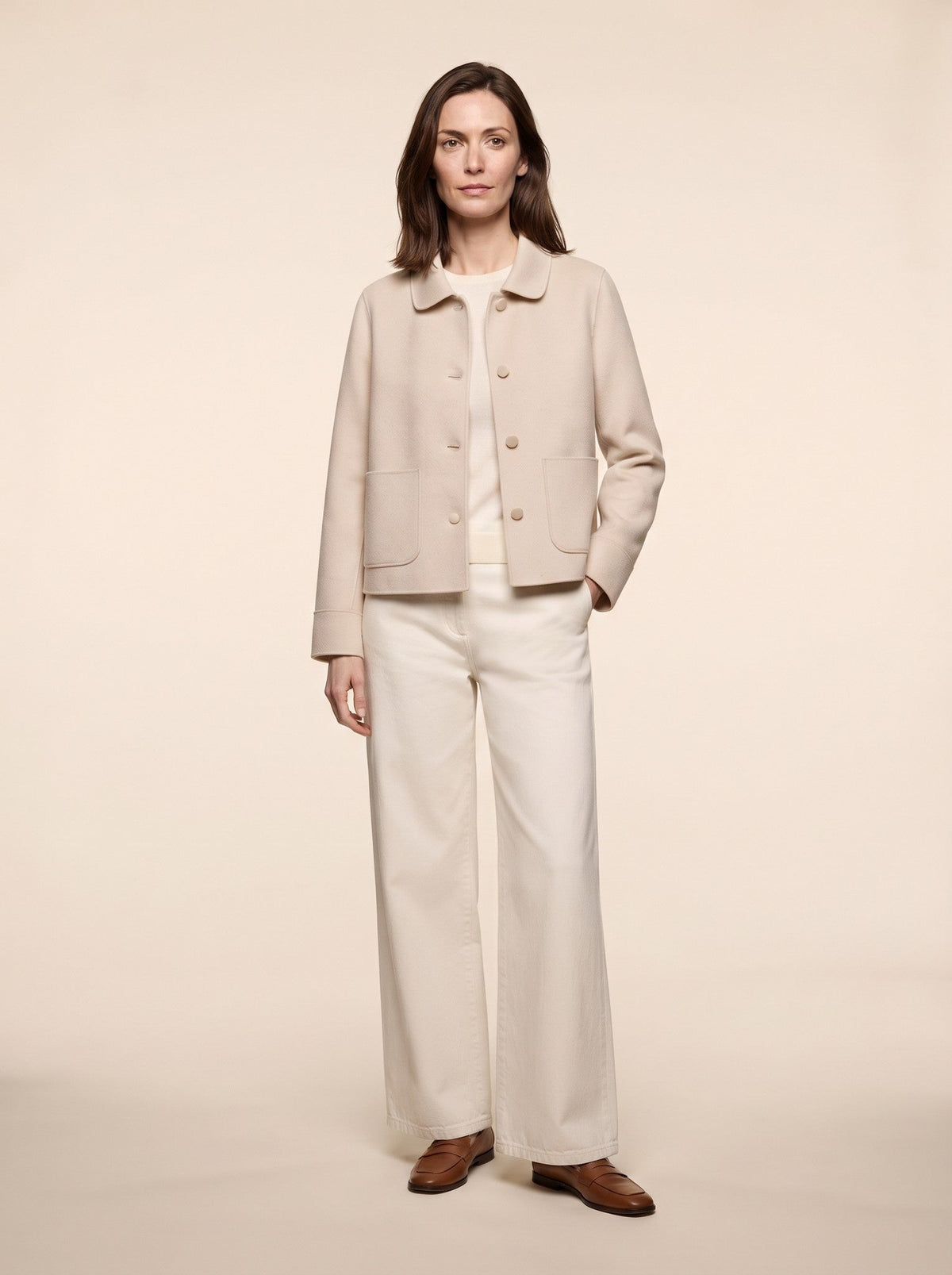 Women's Cropped Wool-Look Jacket – Beige – on model