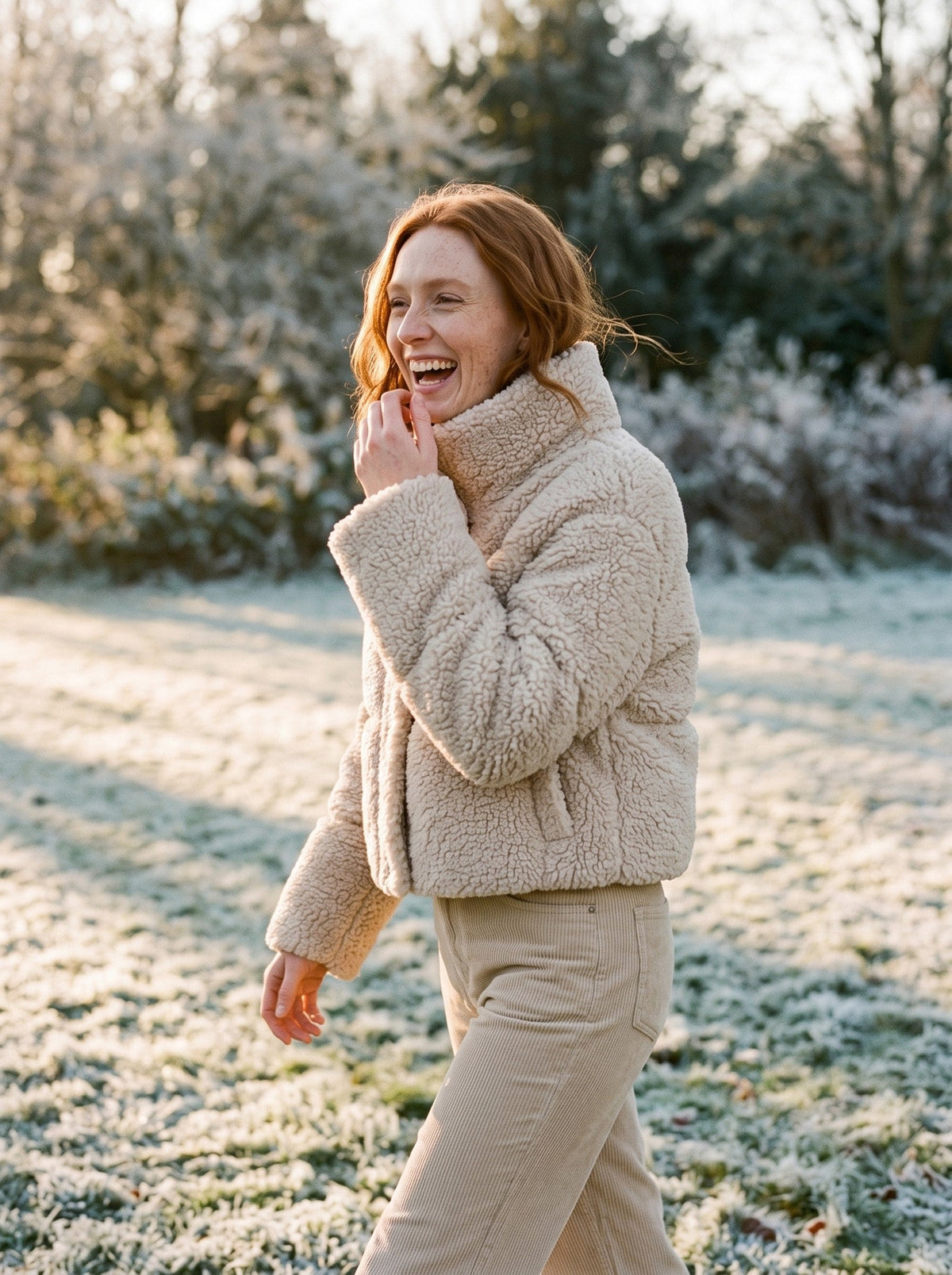 Women's Cropped Teddy Puffer Jacket – Beige – lifestyle