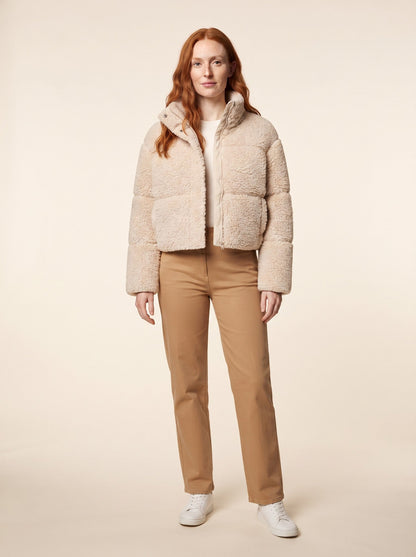 Women's Cropped Teddy Puffer Jacket – Beige – on model