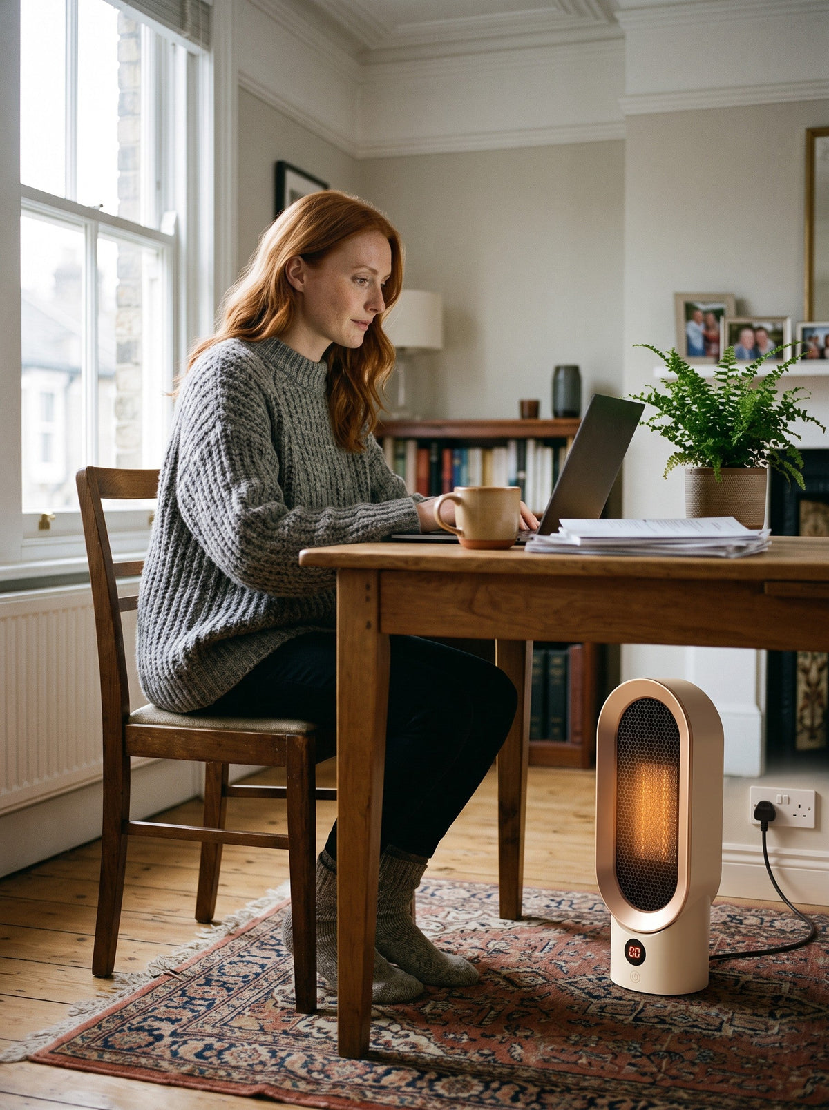 Electric Fan Heater 800 W – Cream/Gold – under the desk in a home office