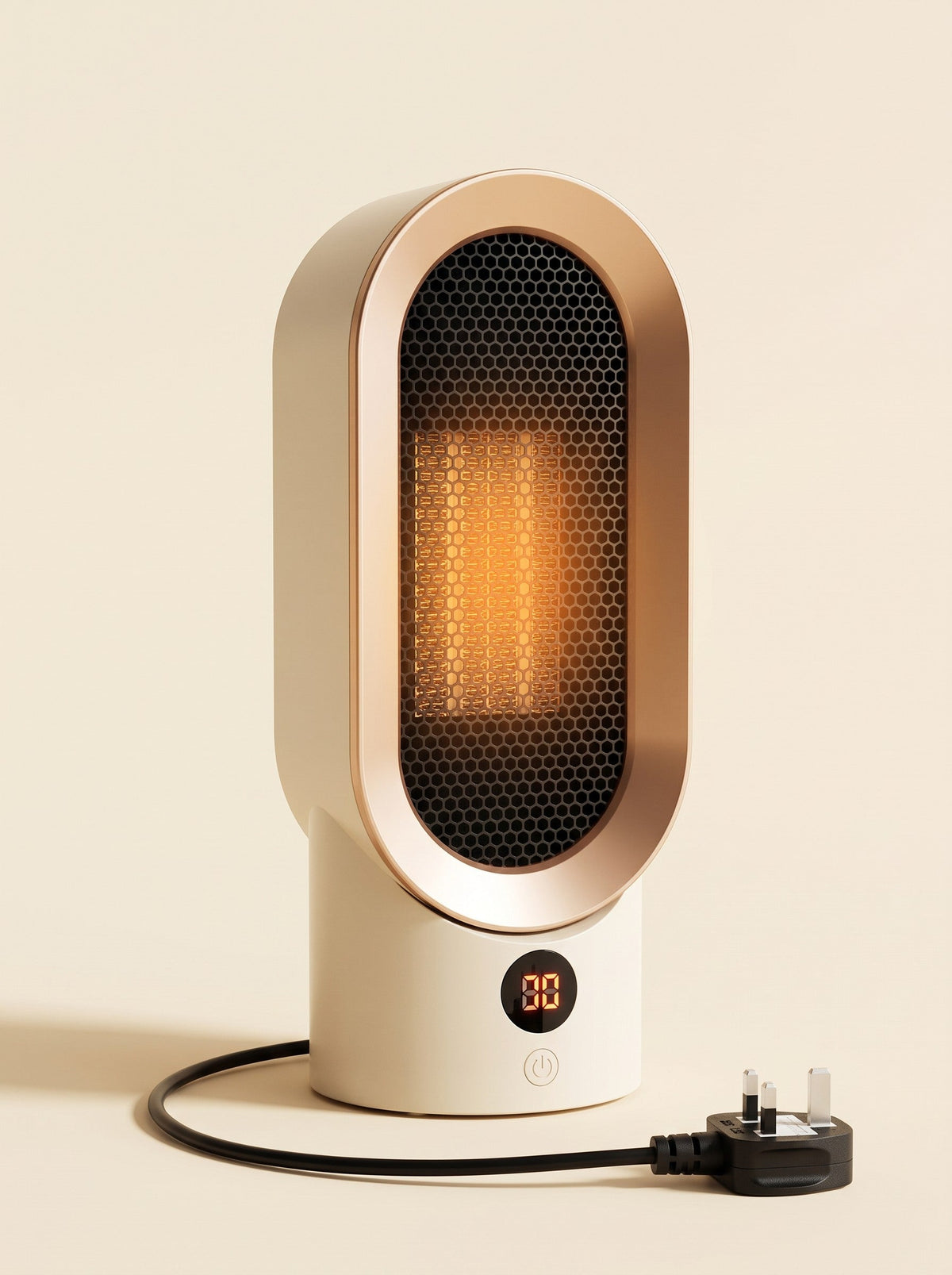 Electric Fan Heater 800 W – Cream/Gold – switched on with UK plug