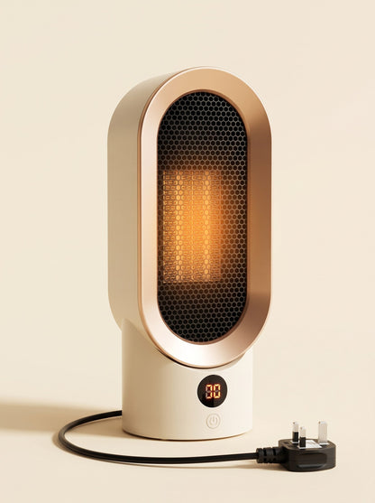 Electric Fan Heater 800 W – Cream/Gold – switched on with UK plug