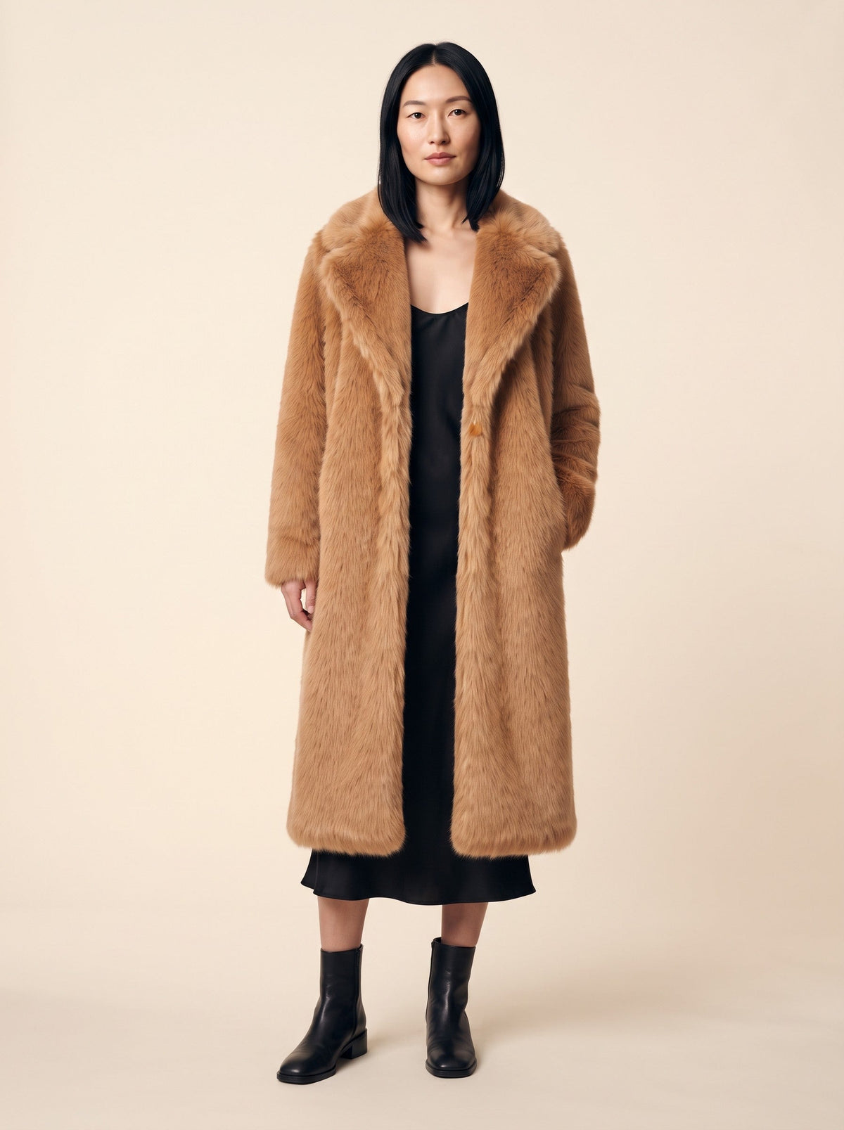 Women's Longline Faux Fur Coat – Amber Fox – on model
