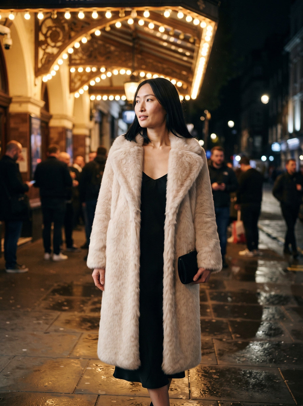 Women's Longline Faux Fur Coat – Beige – theatre entrance