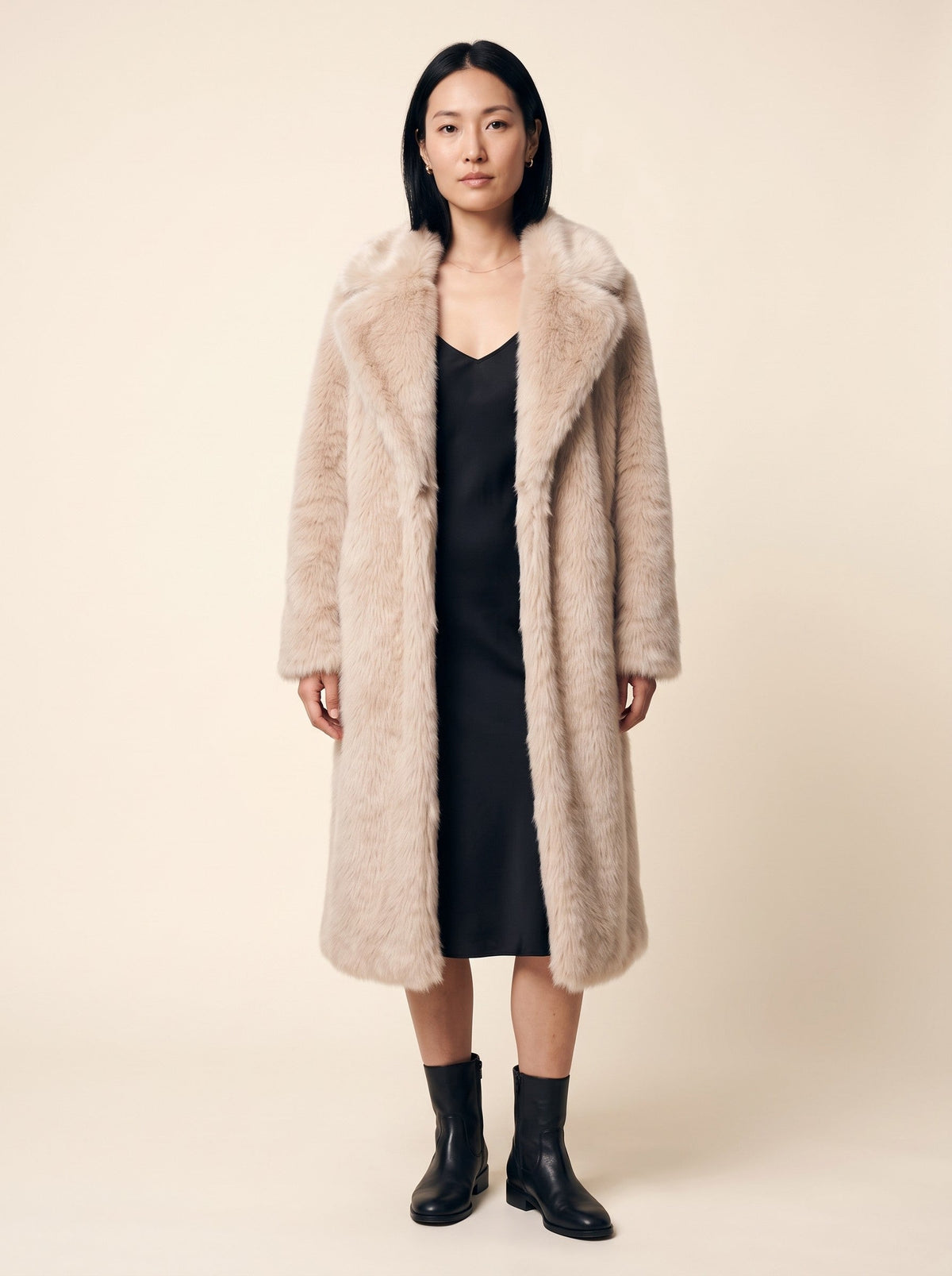 Women's Longline Faux Fur Coat – Beige – on model