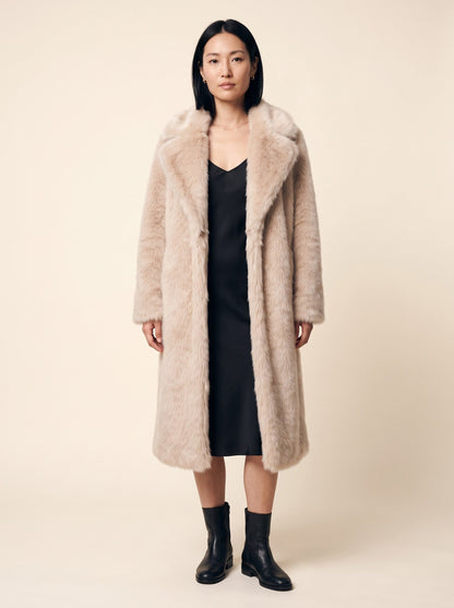 Women's Longline Faux Fur Coat – Beige – on model