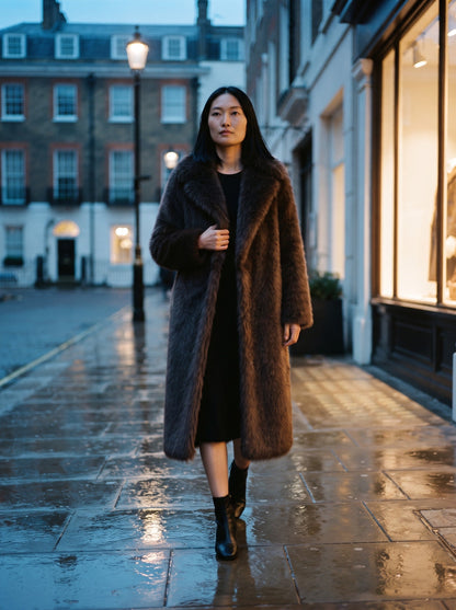 Women's Longline Faux Fur Coat – Bitter Chocolate – London evening street