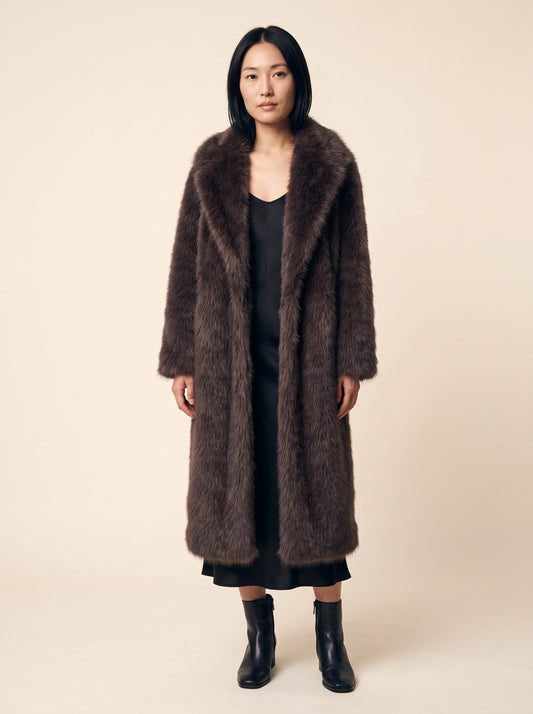 Women's Longline Faux Fur Coat – Bitter Chocolate – on model