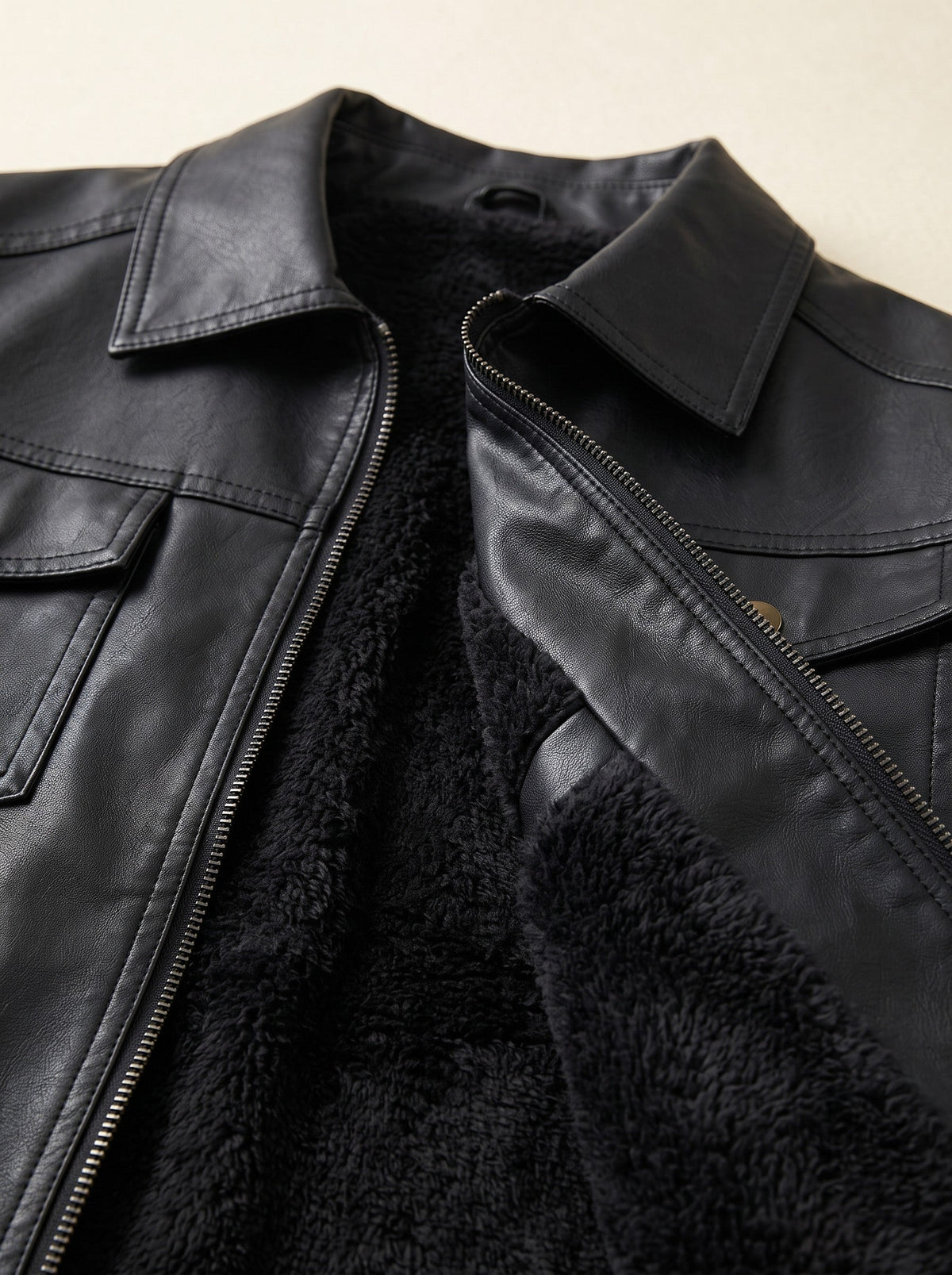 Men's Faux Leather Jacket – Black – plush fleece lining detail