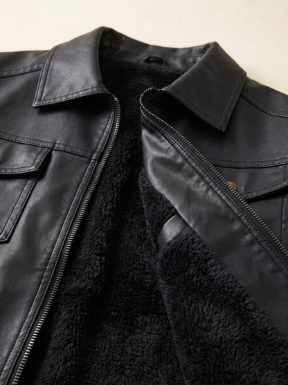 Men's Faux Leather Jacket – Black – plush fleece lining detail