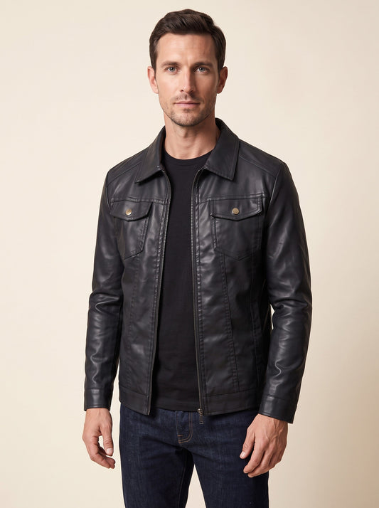 Men's Faux Leather Jacket – Black – on model