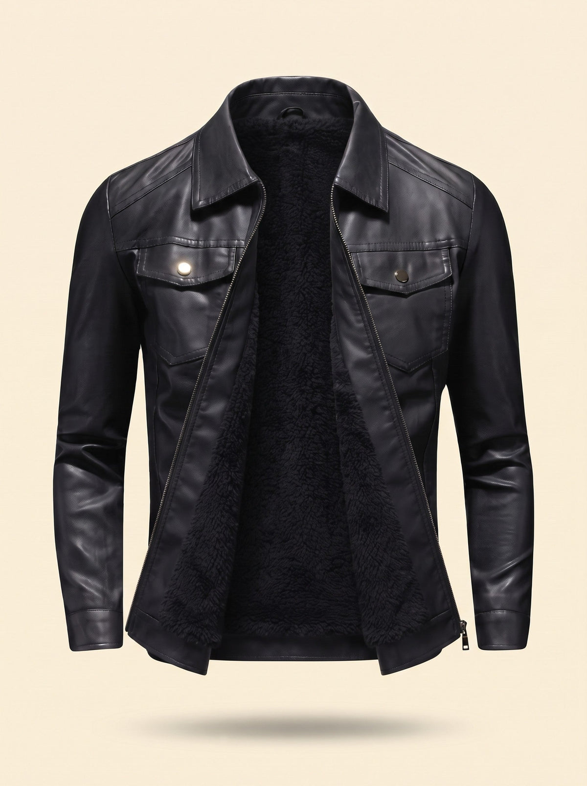 Men's Faux Leather Jacket – Black – front packshot, open to show the fleece lining