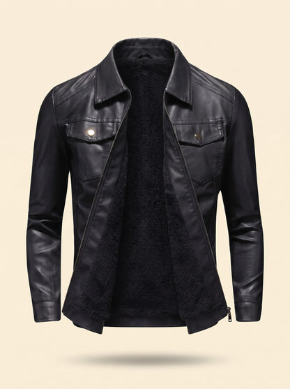 Men's Faux Leather Jacket – Black – front packshot, open to show the fleece lining