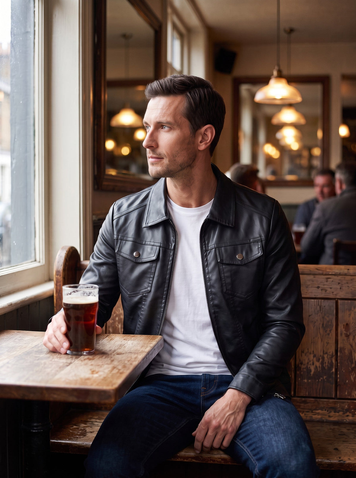 Men's Faux Leather Jacket – Black – worn in a pub