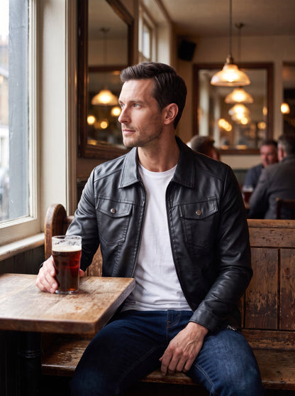 Men's Faux Leather Jacket – Black – worn in a pub