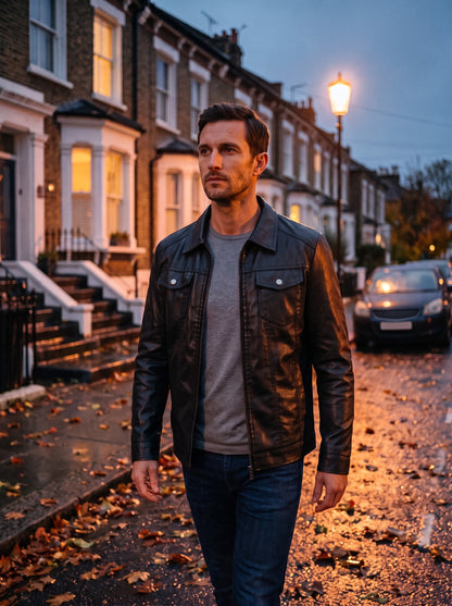 Men's Faux Leather Jacket – Black – worn on an autumn street