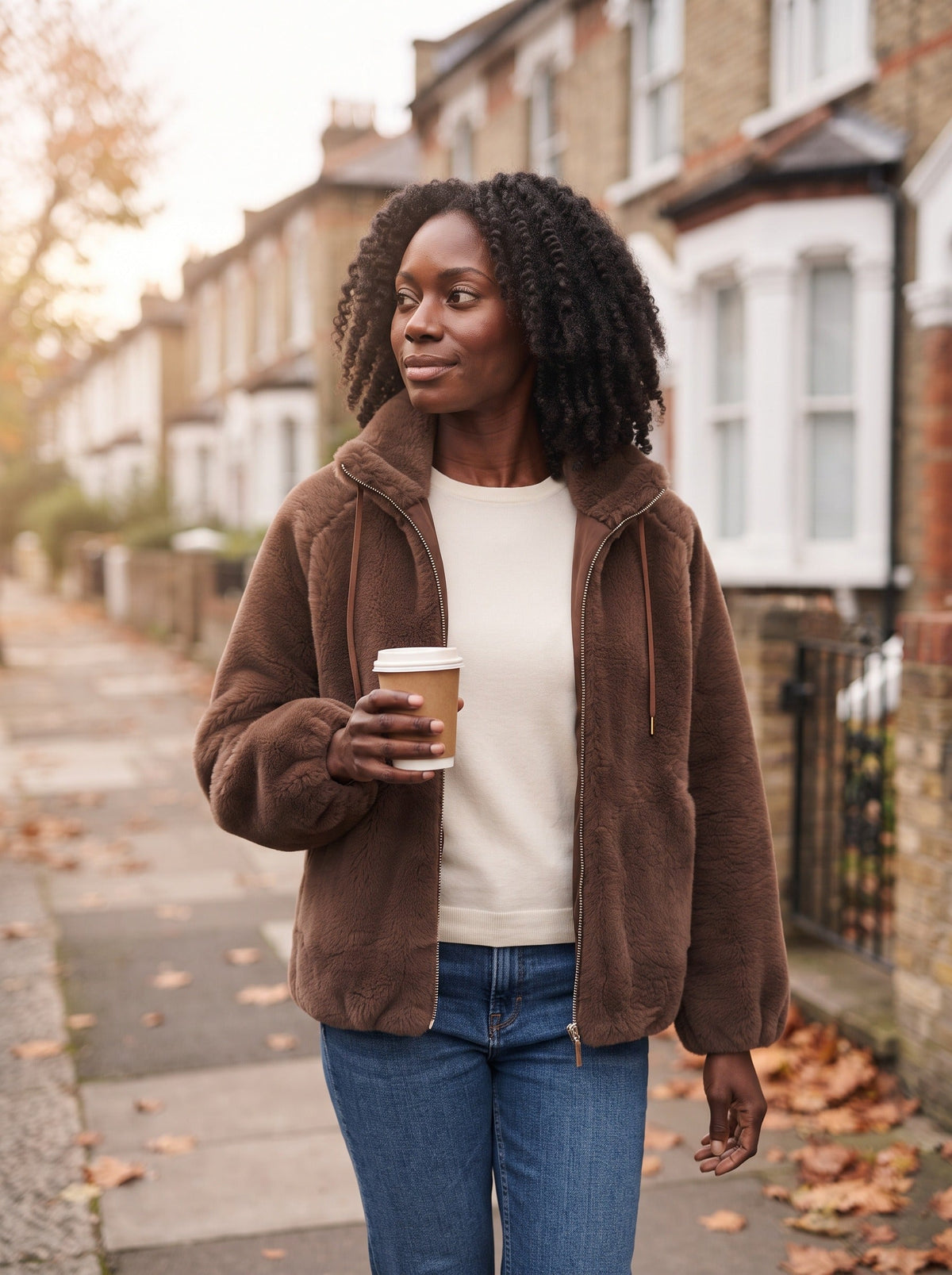 Women's Faux Shearling Jacket – Dark Brown – lifestyle, street