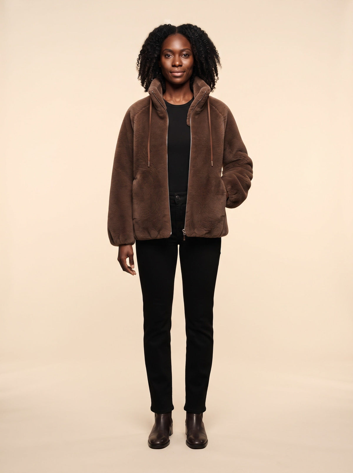 Women's Faux Shearling Jacket – Dark Brown – on model, front
