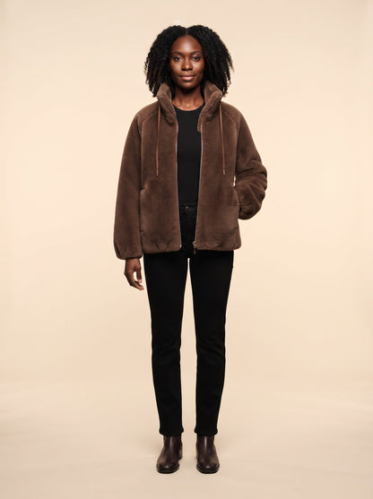 Women's Faux Shearling Jacket – Dark Brown – on model, front