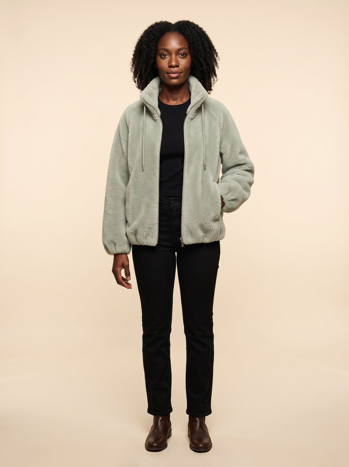 Women's Faux Shearling Jacket – Green – on model, front