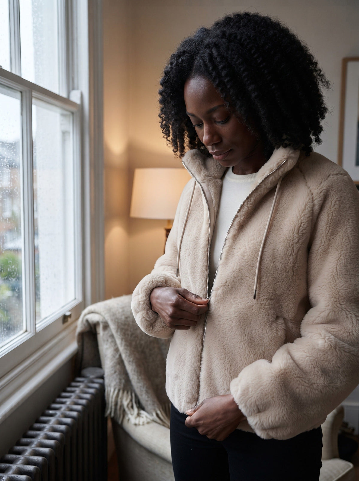 Women's Faux Shearling Jacket – Khaki – lifestyle, indoors