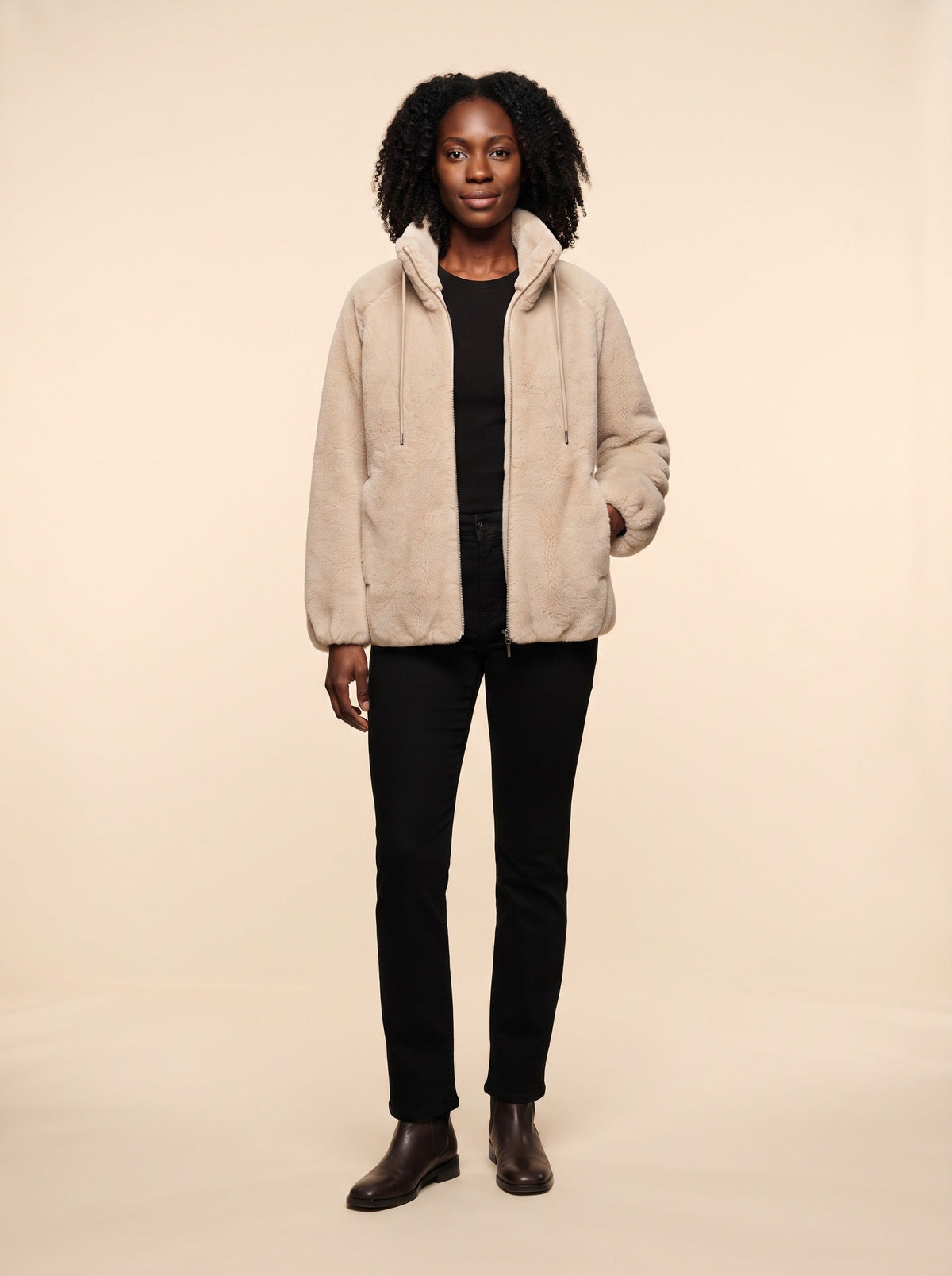 Women's Faux Shearling Jacket – Khaki – on model, front