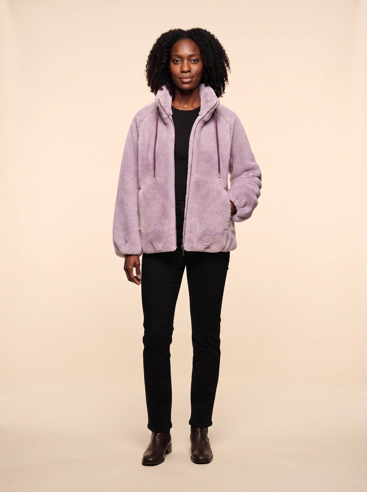 Women's Faux Shearling Jacket – Light Purple – on model, front
