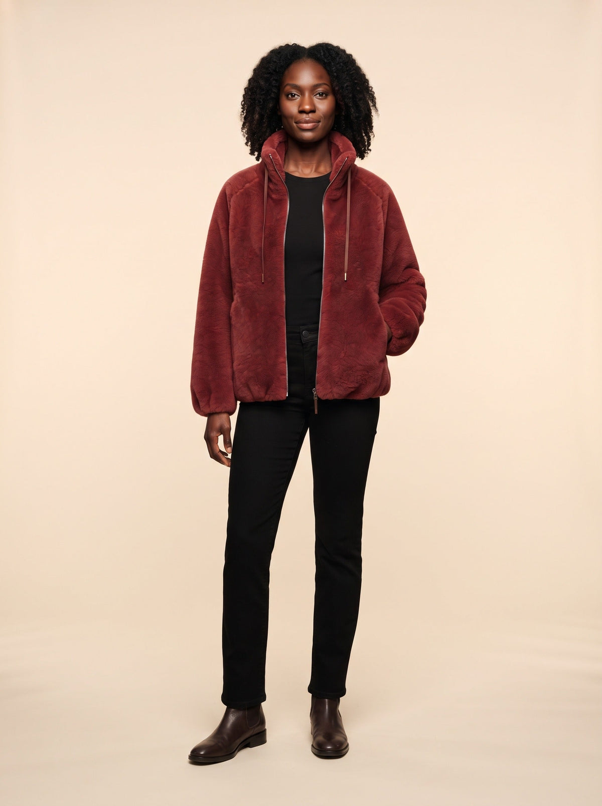 Women's Faux Shearling Jacket – Red – on model, front