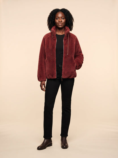 Women's Faux Shearling Jacket – Red – on model, front