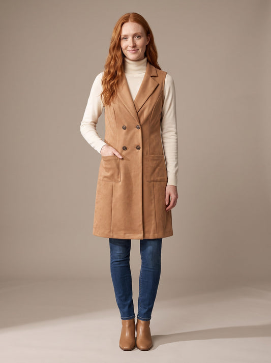 Women's Long Faux Suede Gilet – Khaki – on model