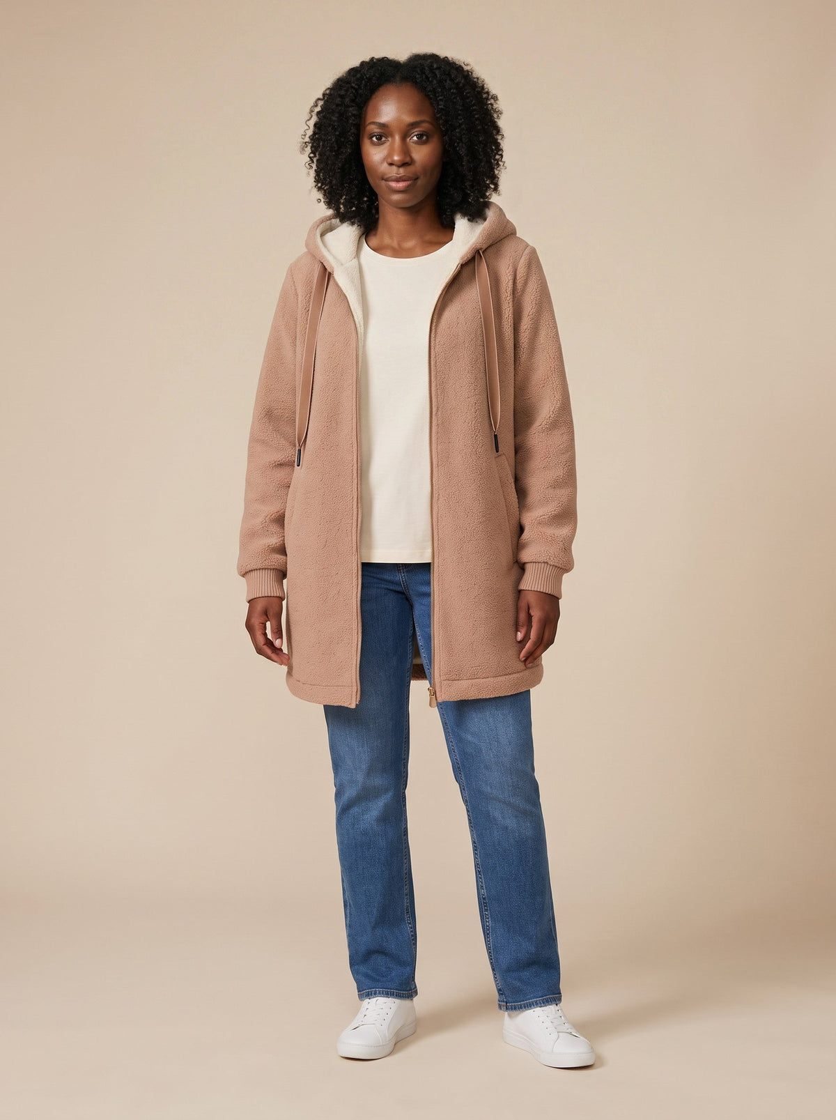 Women's Hooded Fleece Jacket – Brown – on model