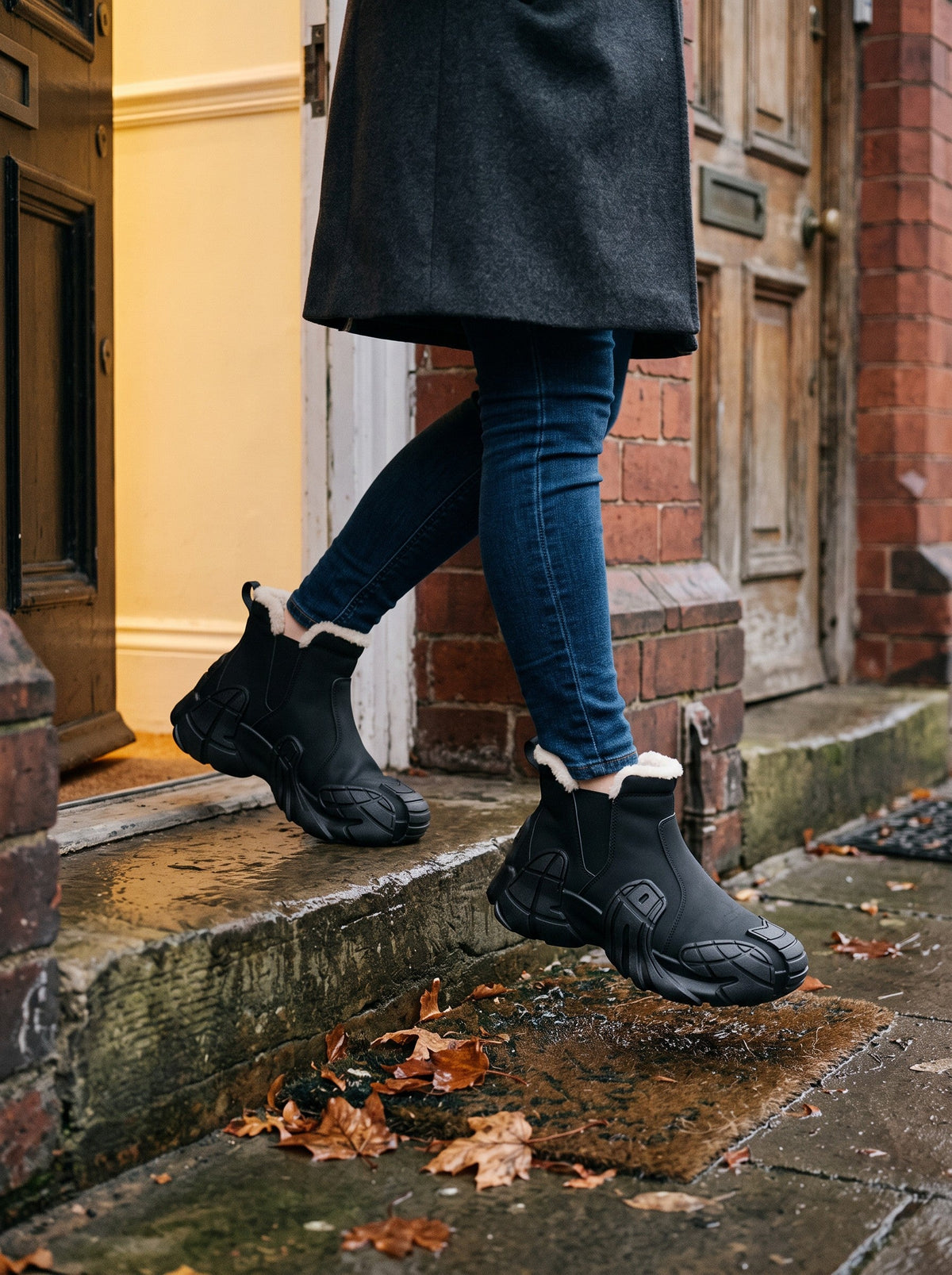 Fleece Lined Winter Boots – Black – worn on a rainy doorstep