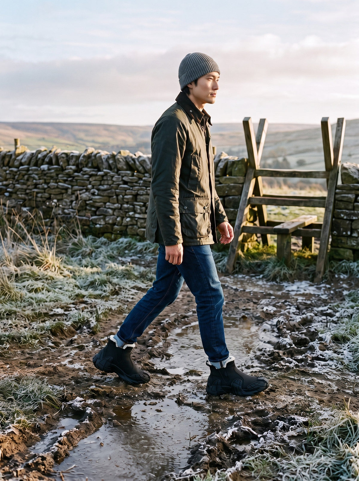 Fleece Lined Winter Boots – Black – worn on a frosty countryside footpath