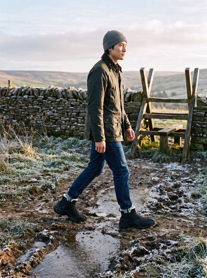 Fleece Lined Winter Boots – Black – worn on a frosty countryside footpath