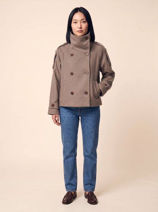 Women's Funnel Neck Coat – Mushroom – on model, front