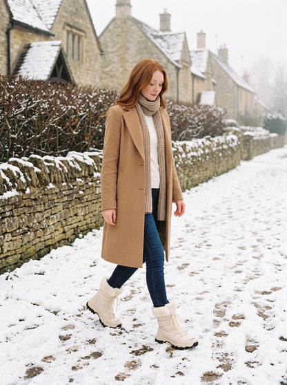 Women's Faux Fur Lined Winter Boots – Beige – worn on a snowy village path