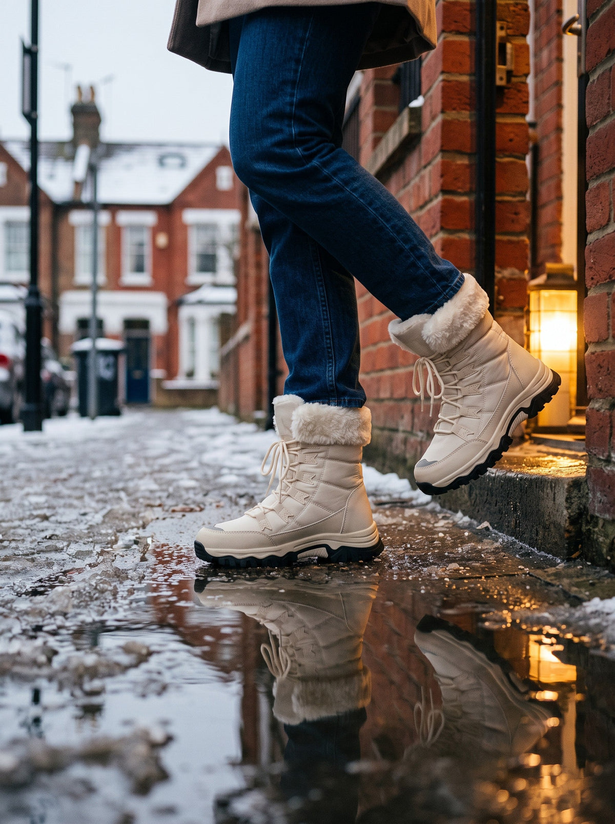 Women's Faux Fur Lined Winter Boots – Beige – worn on a wet winter street