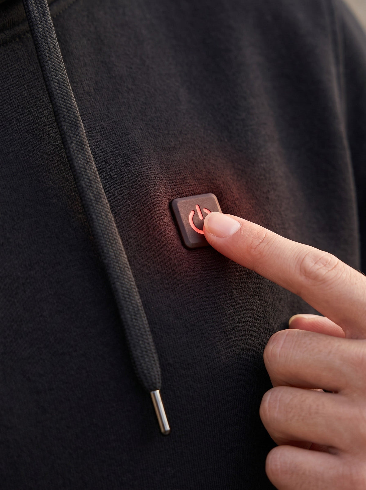 Heated Hoodie Unisex – Black – one-button chest heat controller close-up