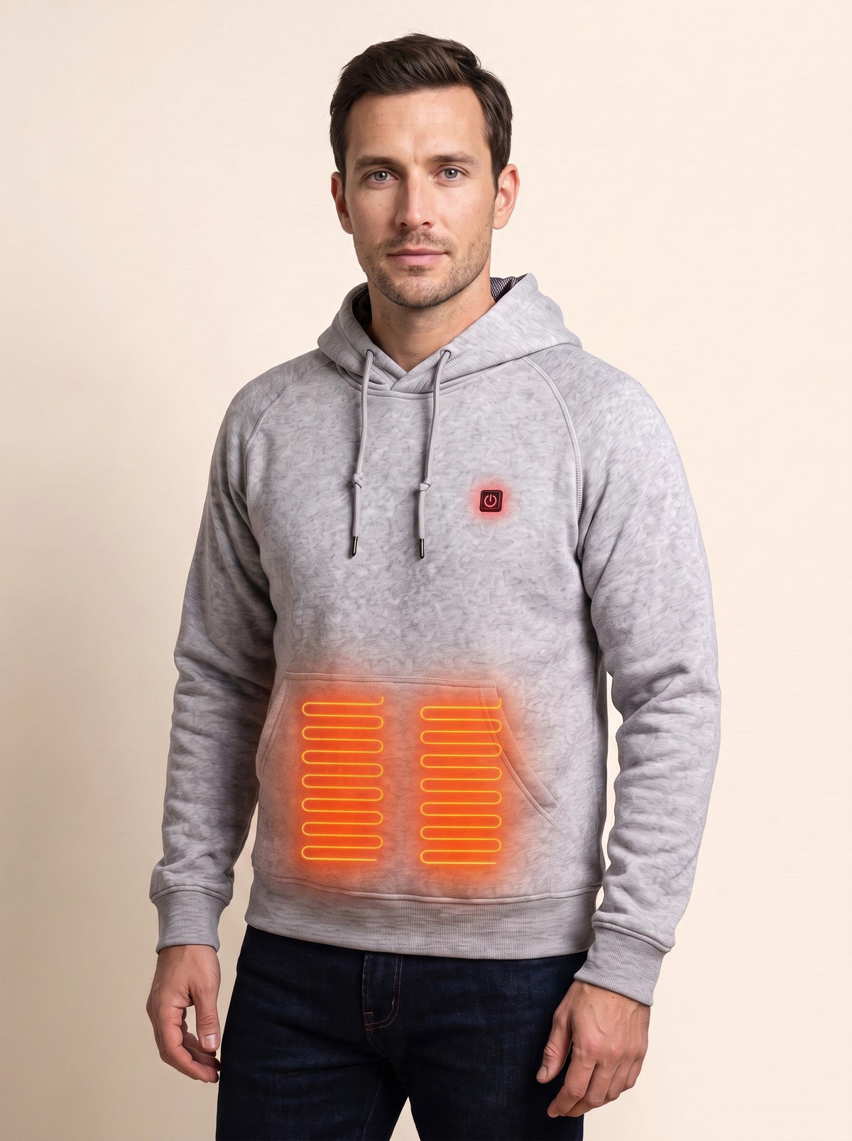 Heated Hoodie Unisex – Grey – on model, front heating panels switched on