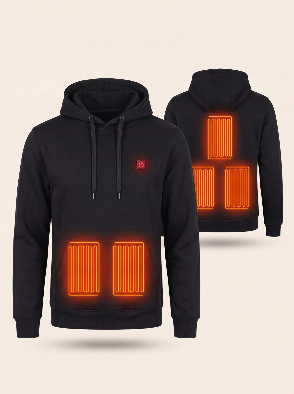 Heated Hoodie Unisex – Black – front and back heating zones switched on