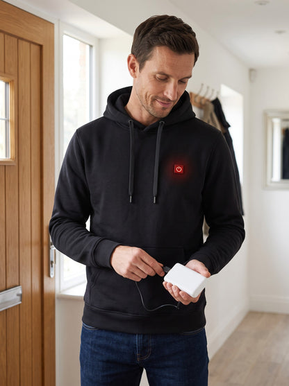 Heated Hoodie Unisex – Black – connecting the USB cable to a portable power bank