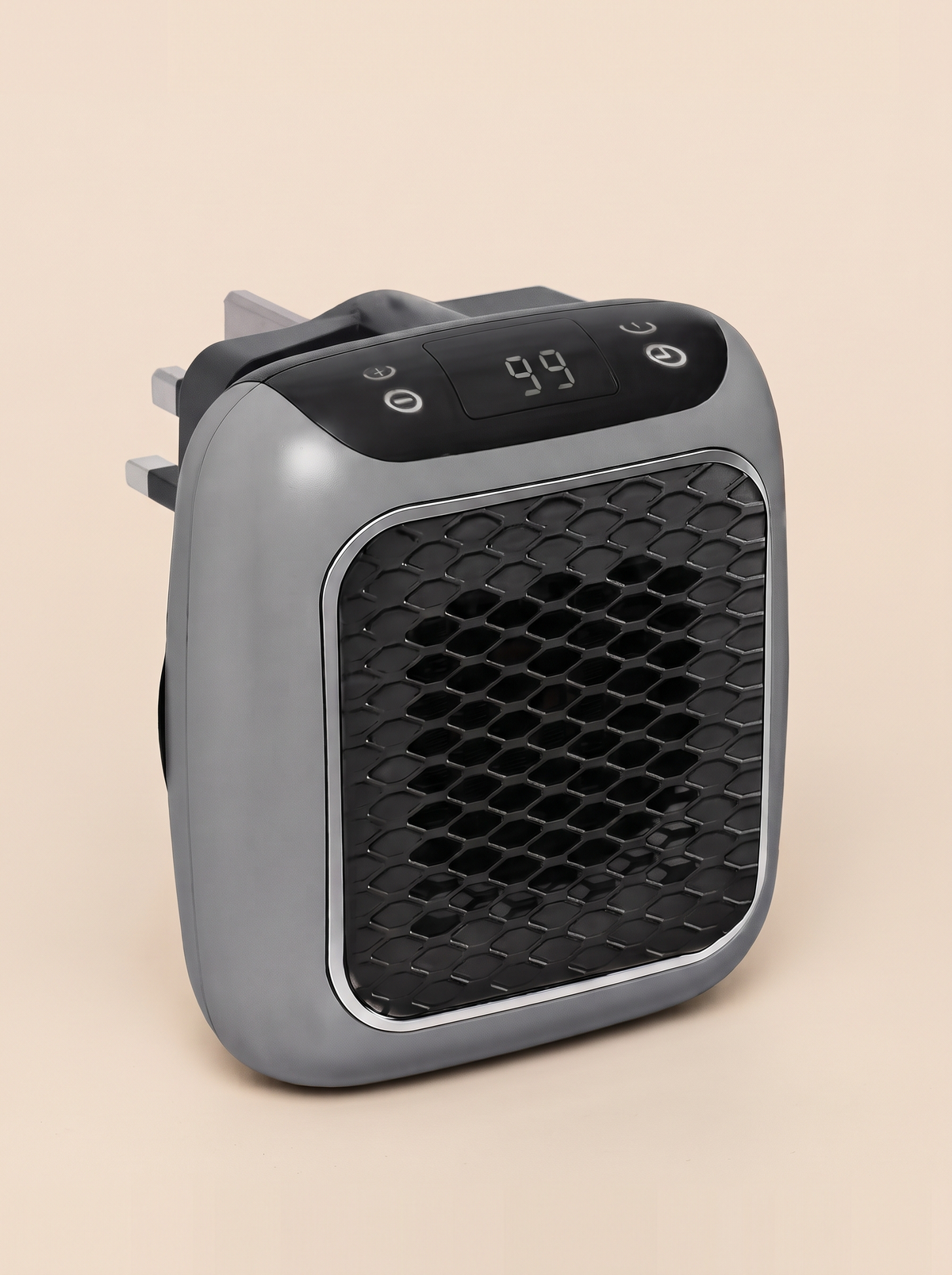 Ceramic Space Heater 500 W – Grey – front three-quarter view with UK plug