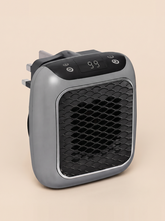 Ceramic Space Heater 500 W – Grey – front three-quarter view with UK plug