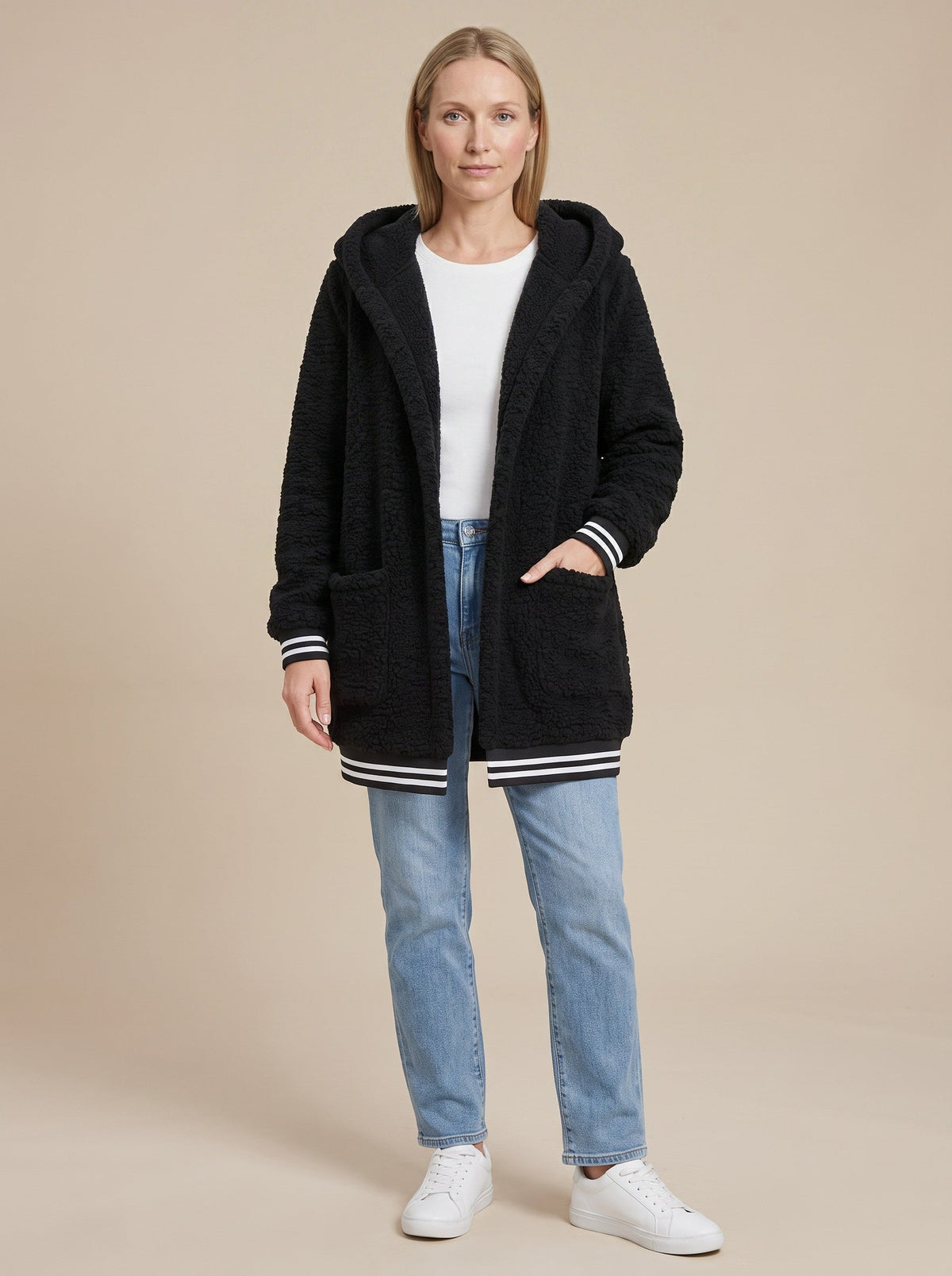 Women's Long Faux Fur Coat with Hood – Black – on model