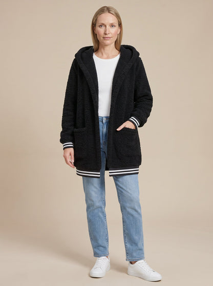 Women's Long Faux Fur Coat with Hood – Black – on model