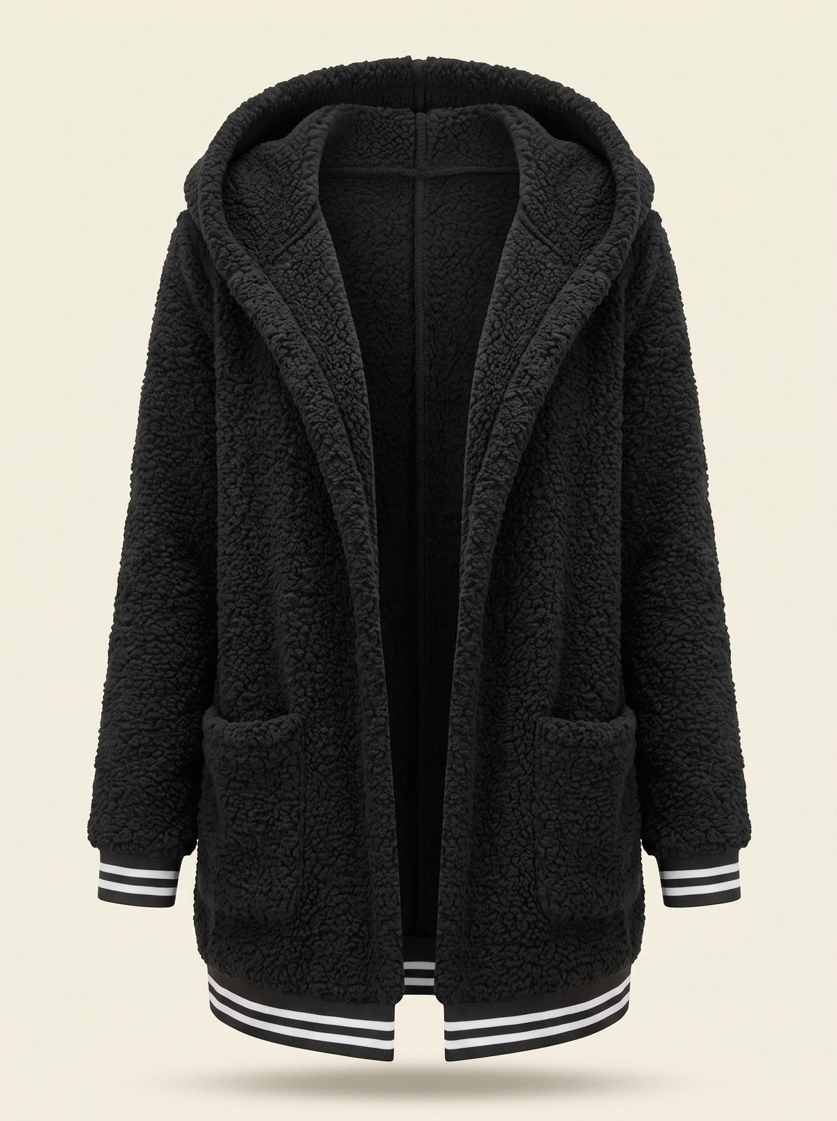 Women's Long Faux Fur Coat with Hood – Black – front packshot