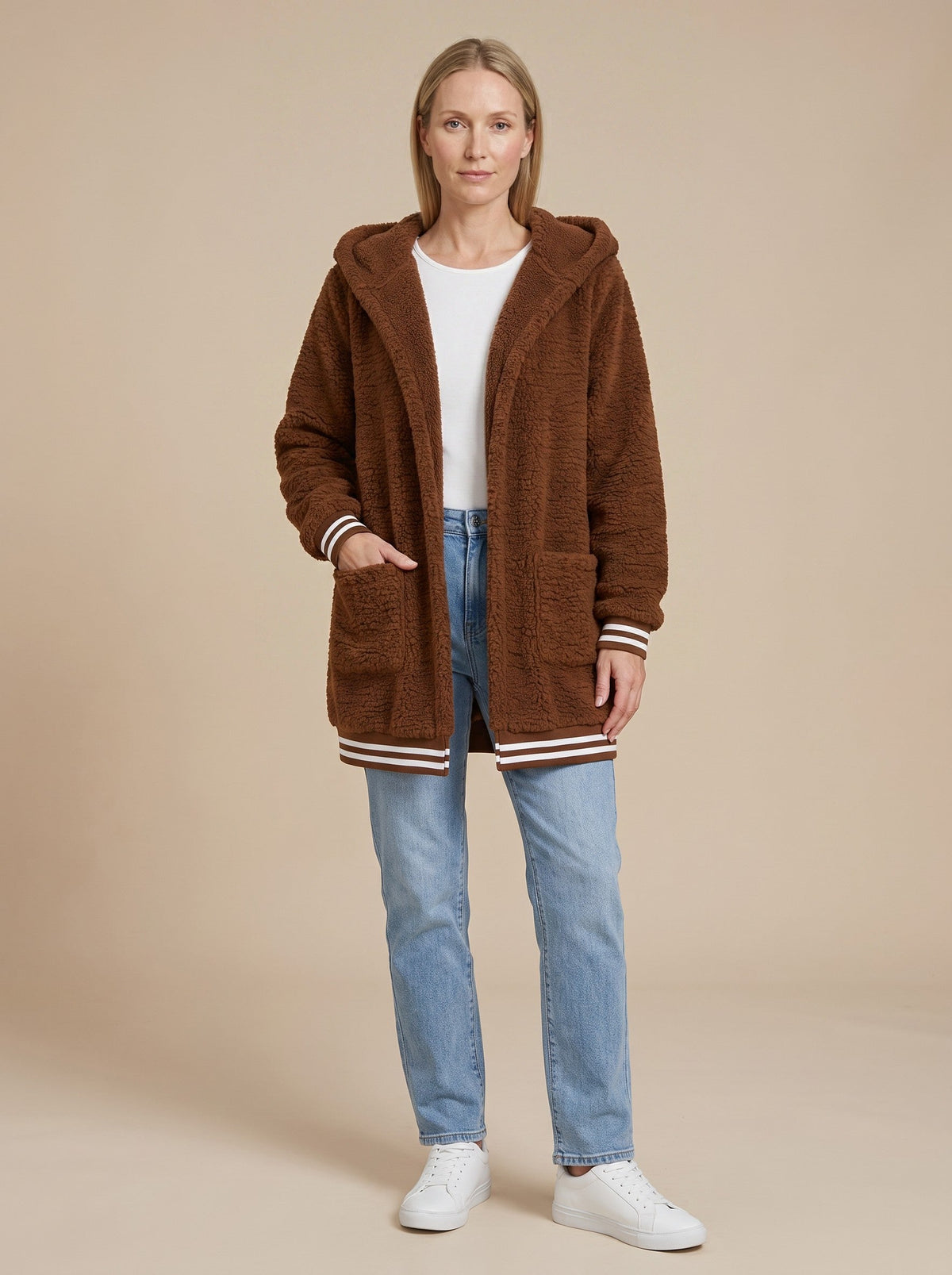 Women's Long Faux Fur Coat with Hood – Brown – on model